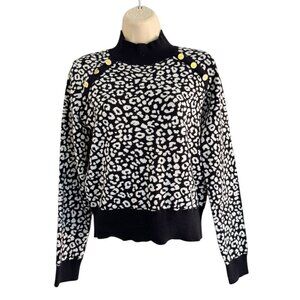 NWT Michael Kors Woman's Sz S Black White Cheetah Cropped Sweater Gold Buttons